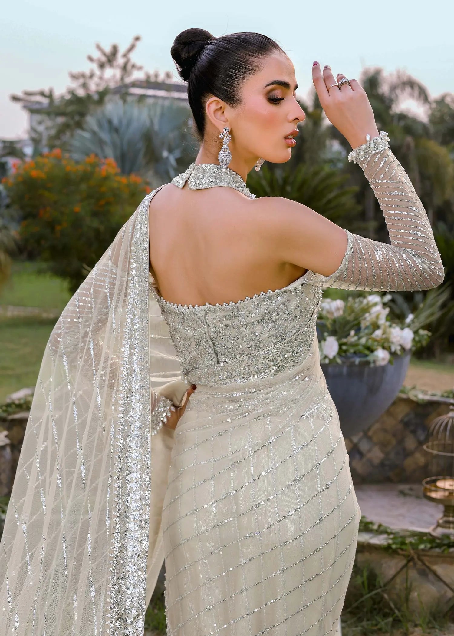 Pakistani Ivory Hand-Embellished Net & Shimmer Saree (3-Piece) - Image 8