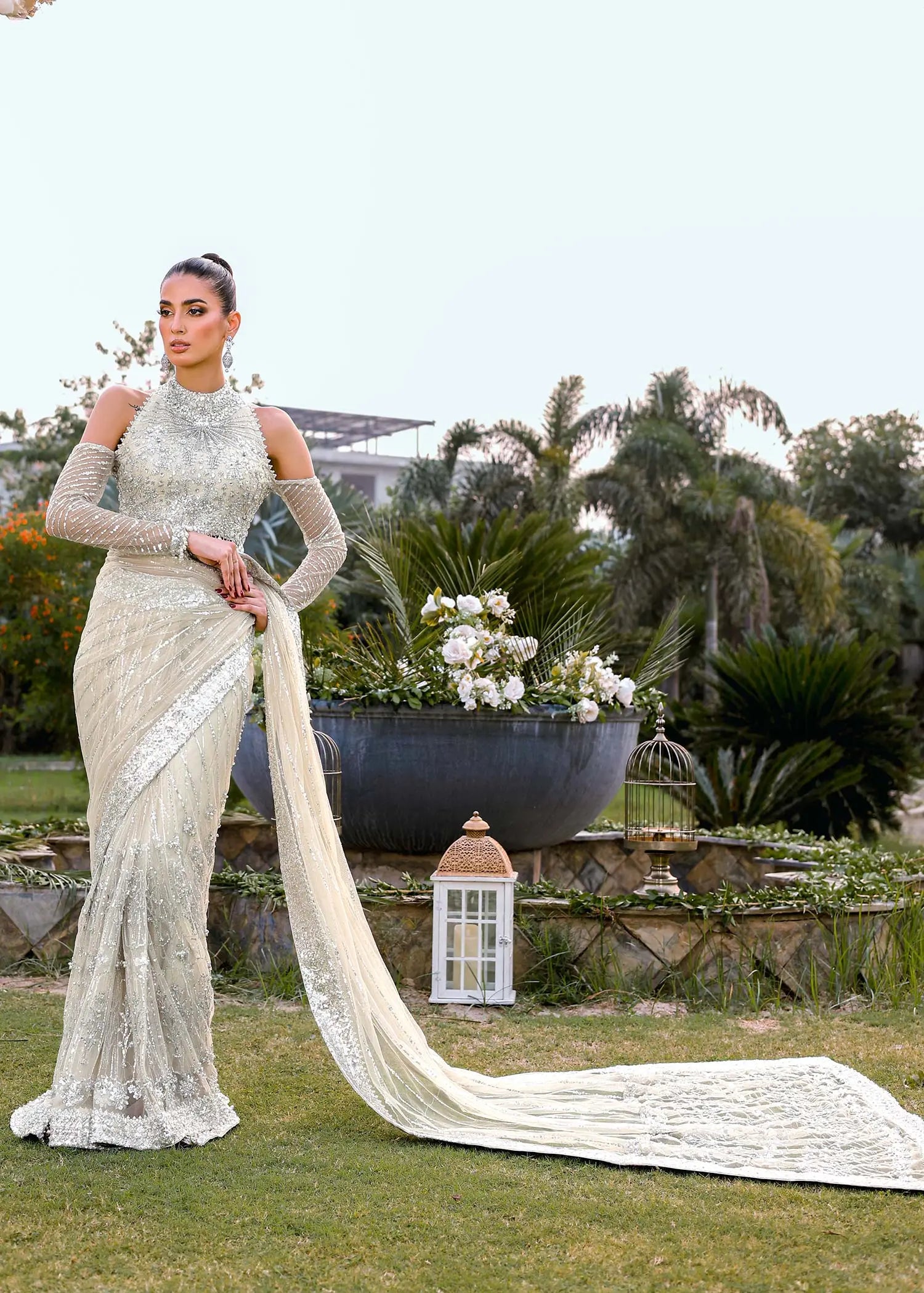 Pakistani Ivory Hand-Embellished Net & Shimmer Saree (3-Piece) - Image 9