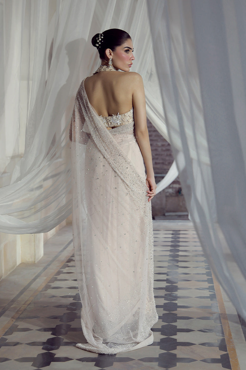 Ivory Hand Embroidered Net Saree (3-Piece) - Image 2