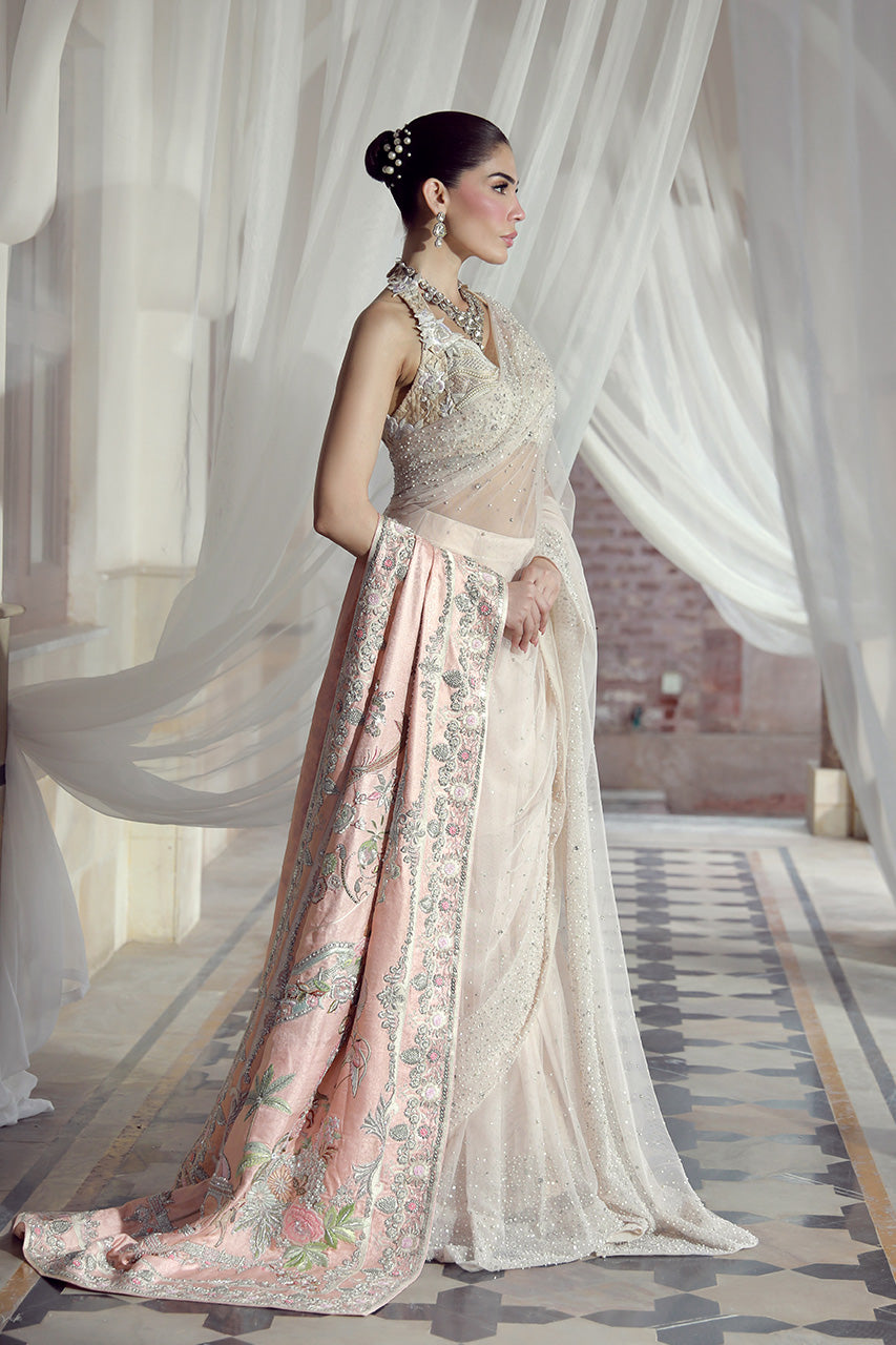 Ivory Hand Embroidered Net Saree (3-Piece) - Image 3