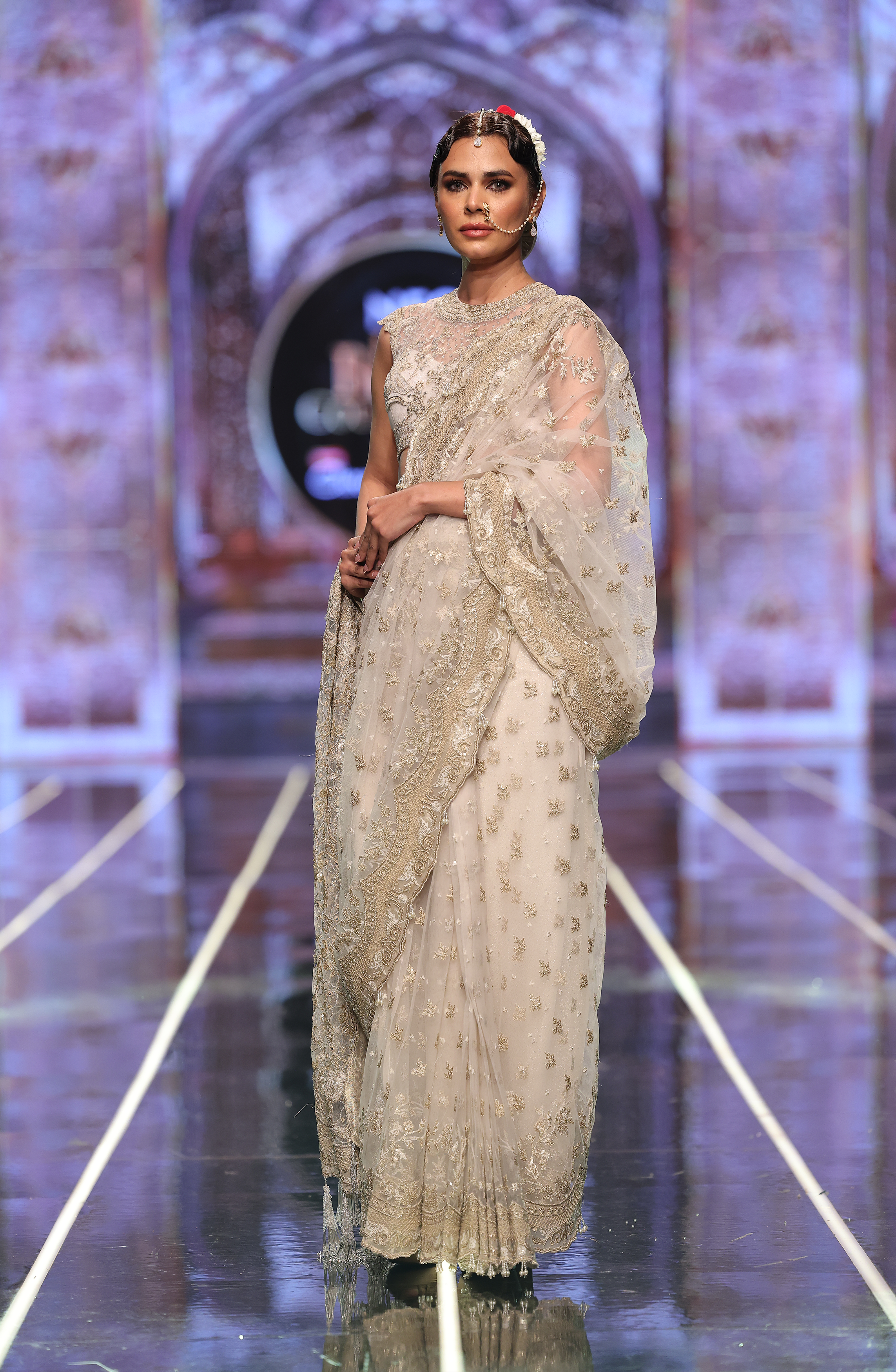 Pakistani Ivory Embroidered Net Saree (3-Piece) - Image 1