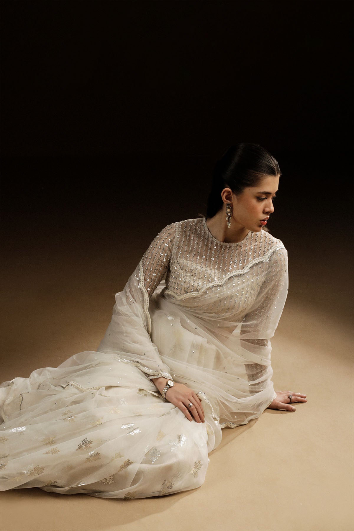 Pakistani Ivory Zardozi Net & Organza Saree (2-Piece) - Image 2