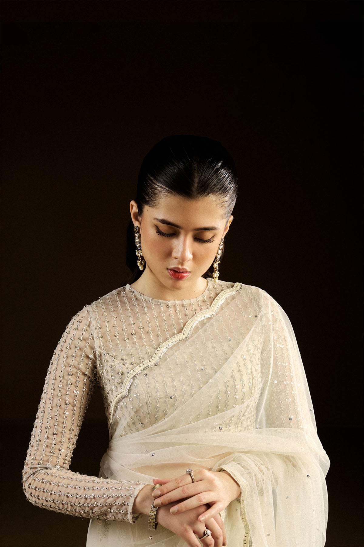 Pakistani Ivory Zardozi Net & Organza Saree (2-Piece) - Image 3