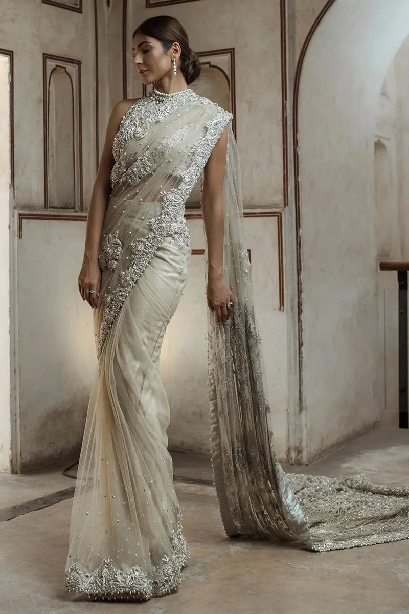Ivory Embellished Net Saree with Beaded Blouse (2-Piece) - Image 1
