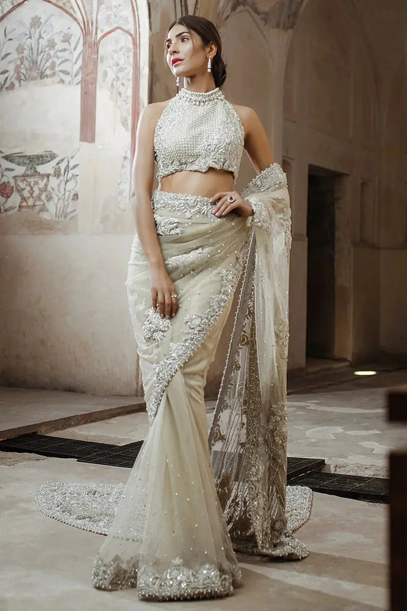 Ivory Embellished Net Saree with Beaded Blouse (2-Piece) - Image 2