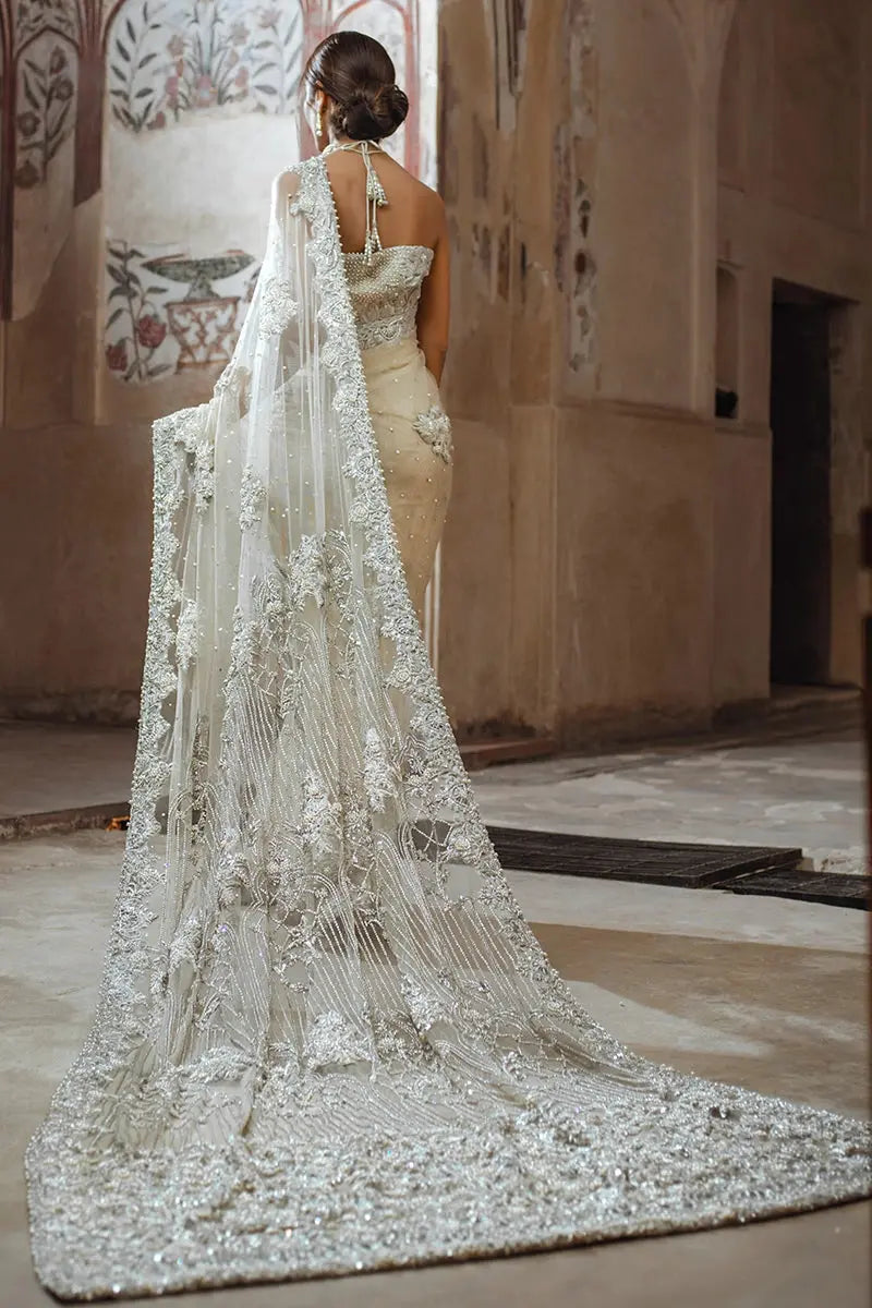 Ivory Embellished Net Saree with Beaded Blouse (2-Piece) - Image 3