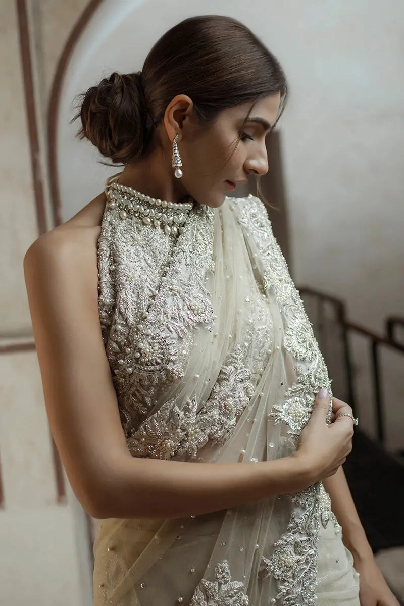 Ivory Embellished Net Saree with Beaded Blouse (2-Piece) - Image 5