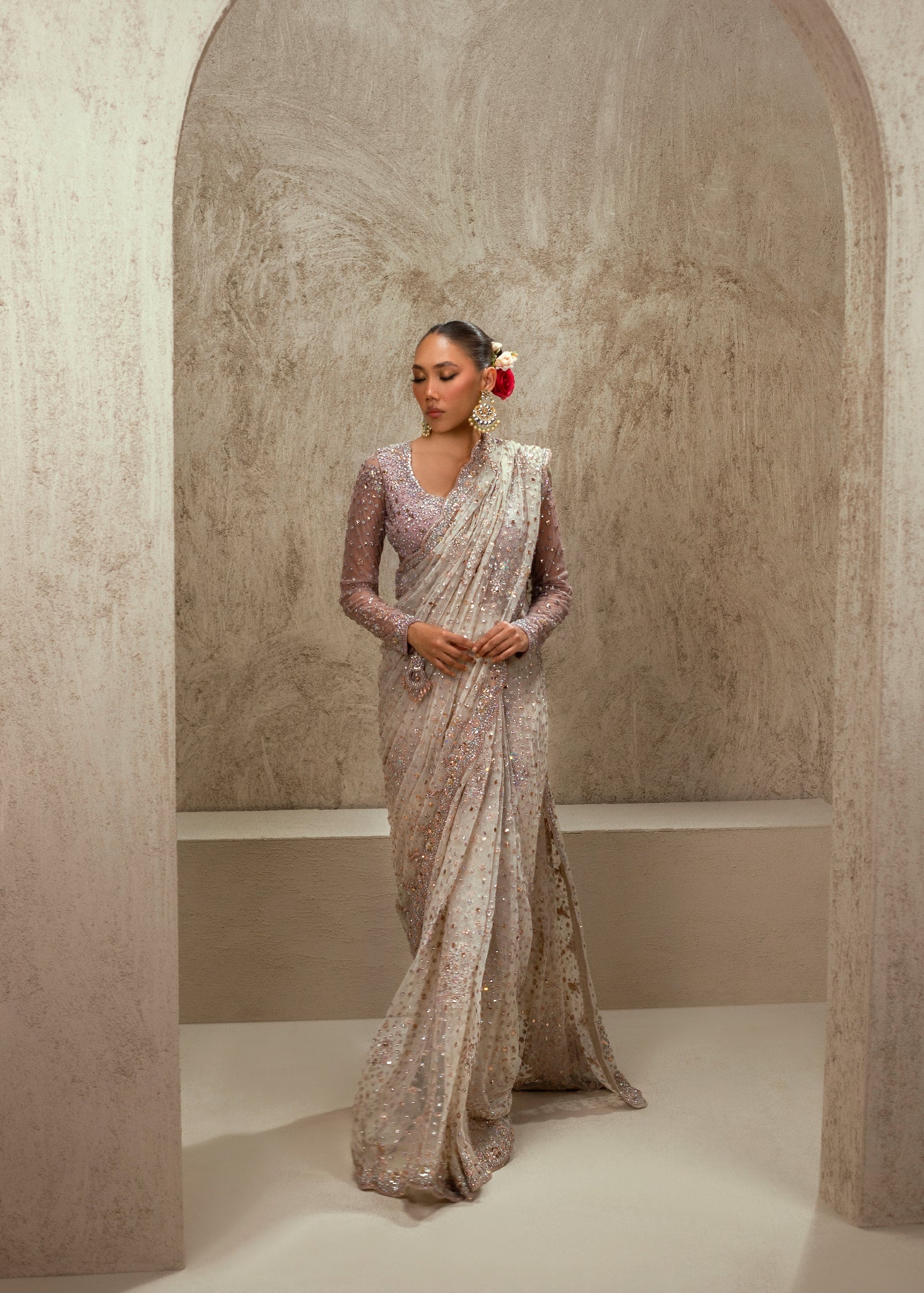 Ivory Lilac Embellished Net Saree (2-Piece) - Image 1