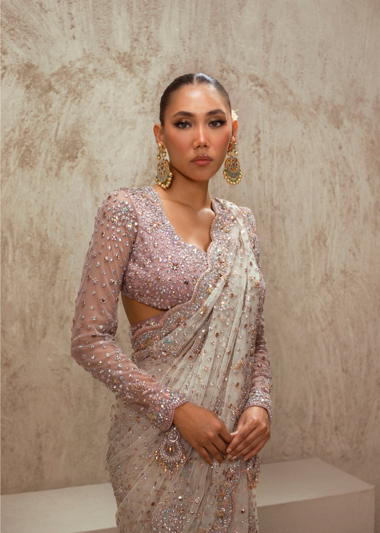 Ivory Lilac Embellished Net Saree (2-Piece) - Image 4