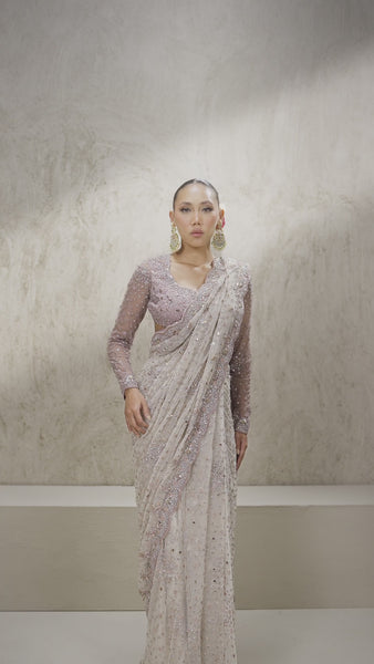 Ivory Lilac Embellished Net Saree (2-Piece) - Image 7