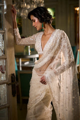 Ivory Platinum Cut Sequin Net Saree (2-Piece) - Image 3