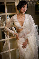 Ivory Platinum Cut Sequin Net Saree (2-Piece) - Image 4