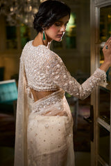 Ivory Platinum Cut Sequin Net Saree (2-Piece) - Image 5