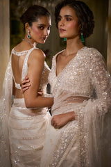 Ivory Platinum Cut Sequin Net Saree (2-Piece) - Image 7