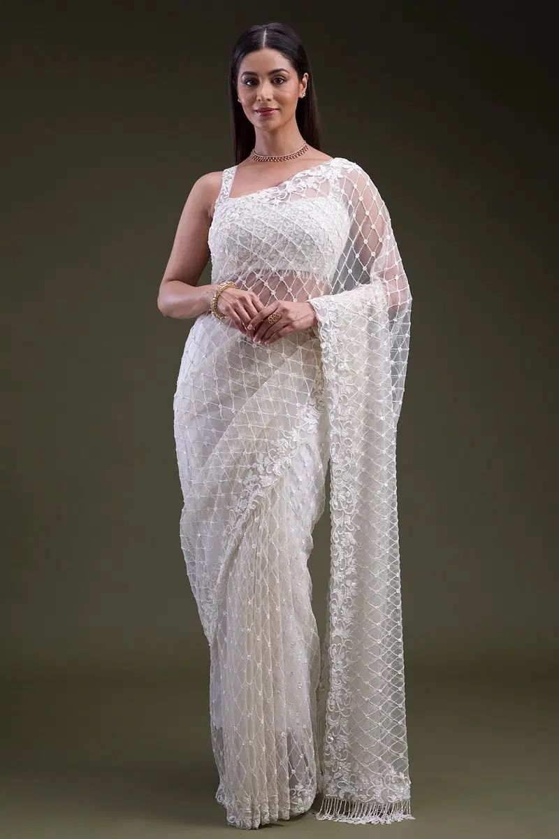 Off White Sequins Embroidered Net Saree (2-Piece) - Image 1