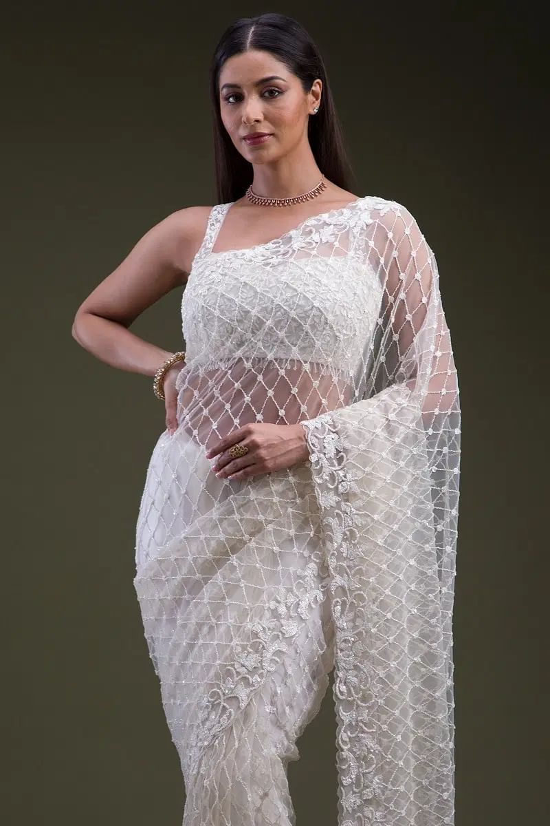 Off White Sequins Embroidered Net Saree (2-Piece) - Image 2