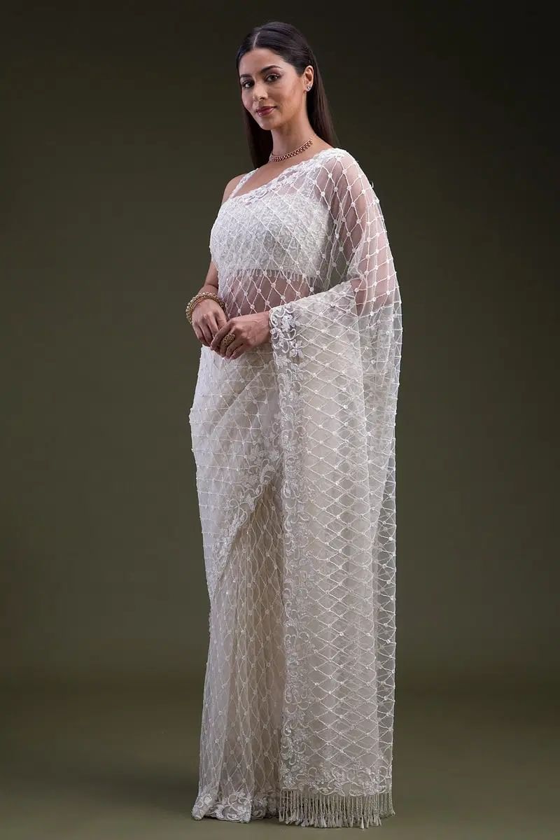 Off White Sequins Embroidered Net Saree (2-Piece) - Image 3