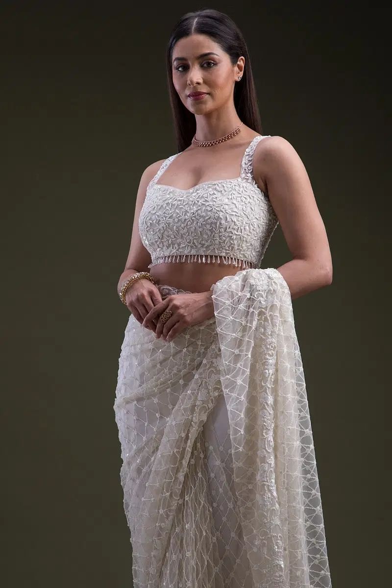 Off White Sequins Embroidered Net Saree (2-Piece) - Image 4