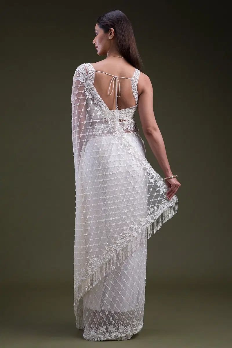 Off White Sequins Embroidered Net Saree (2-Piece) - Image 5