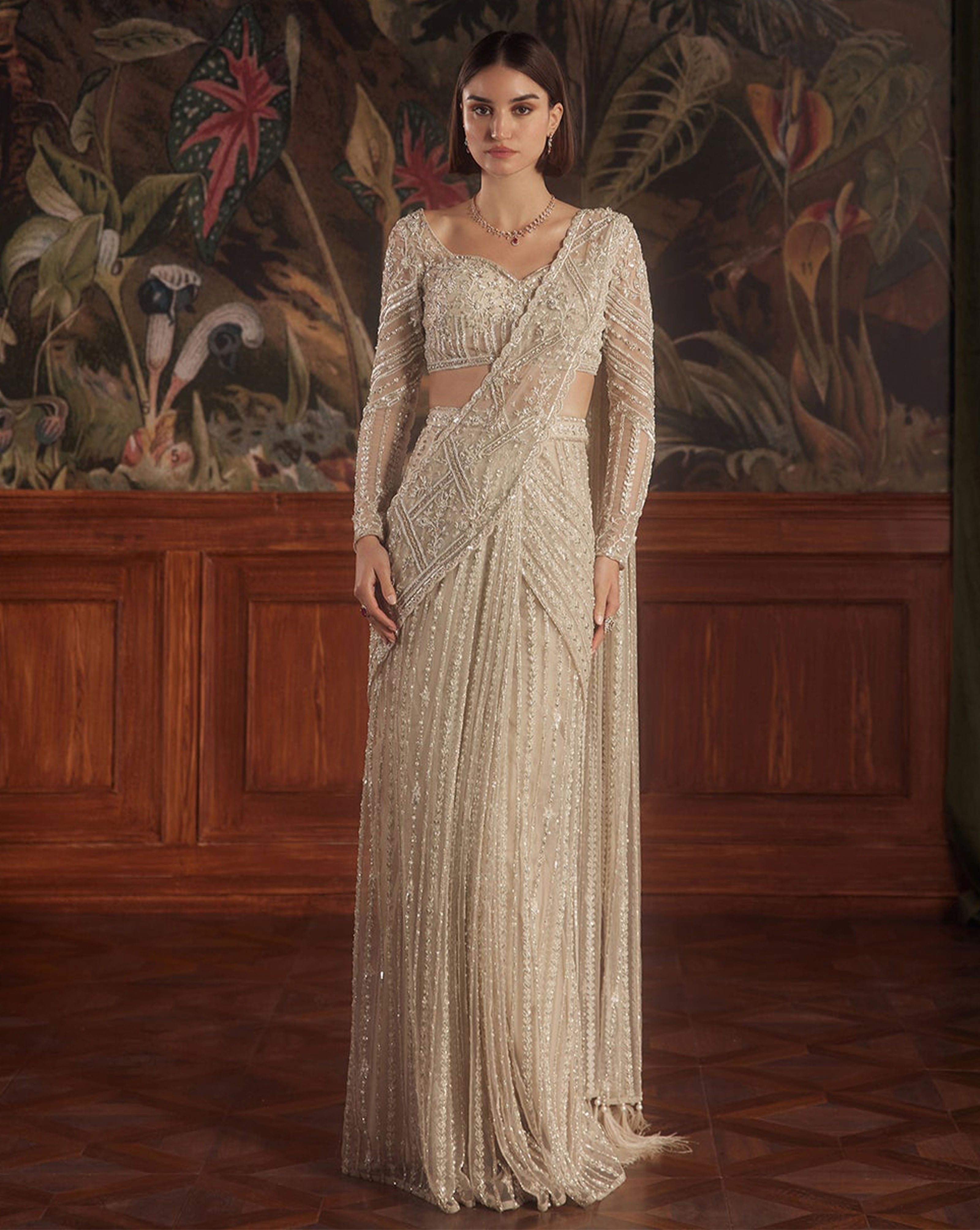 Ivory Sequined Net Saree (2-Piece) - Image 1