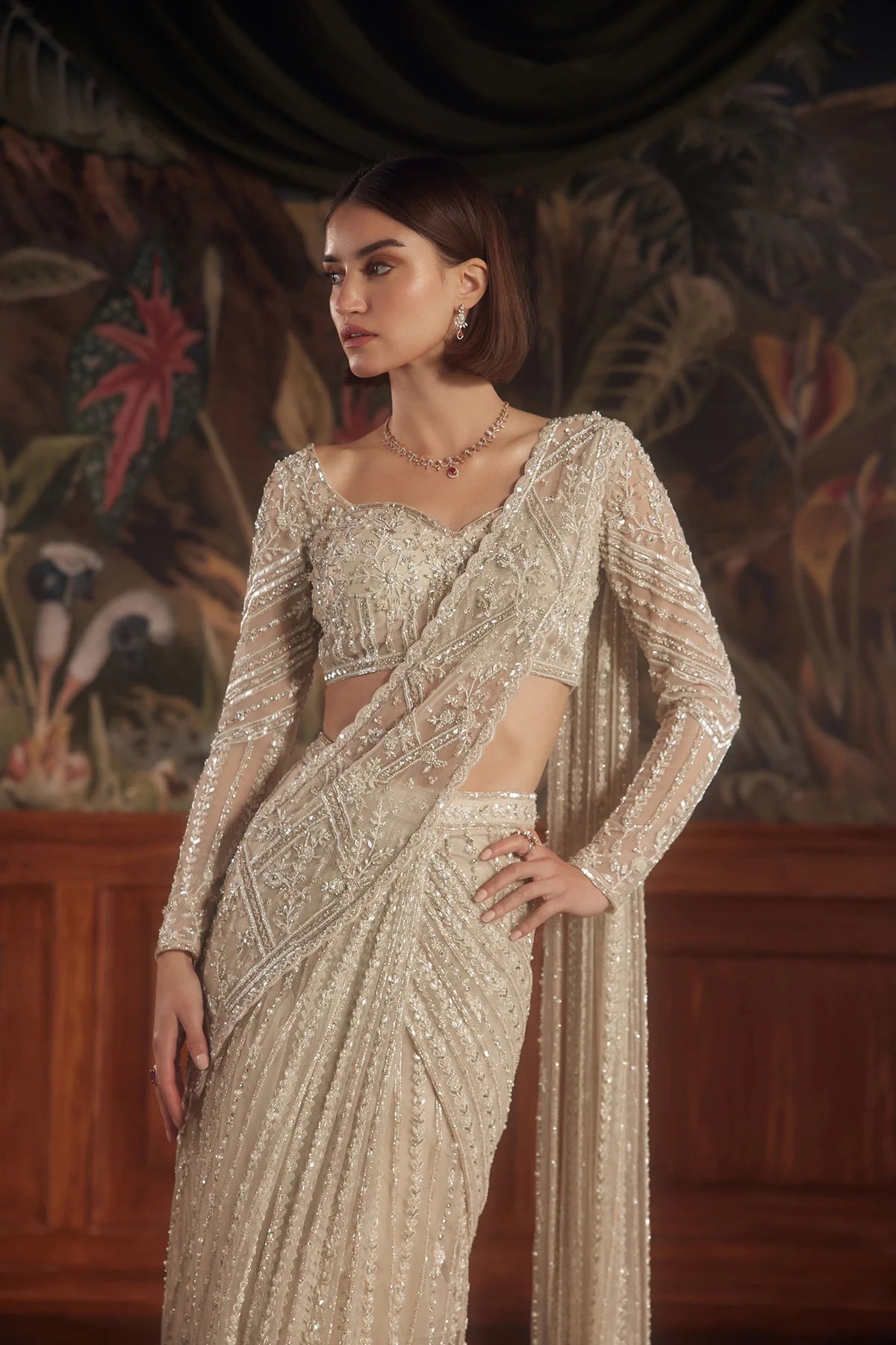 Ivory Sequined Net Saree (2-Piece) - Image 3