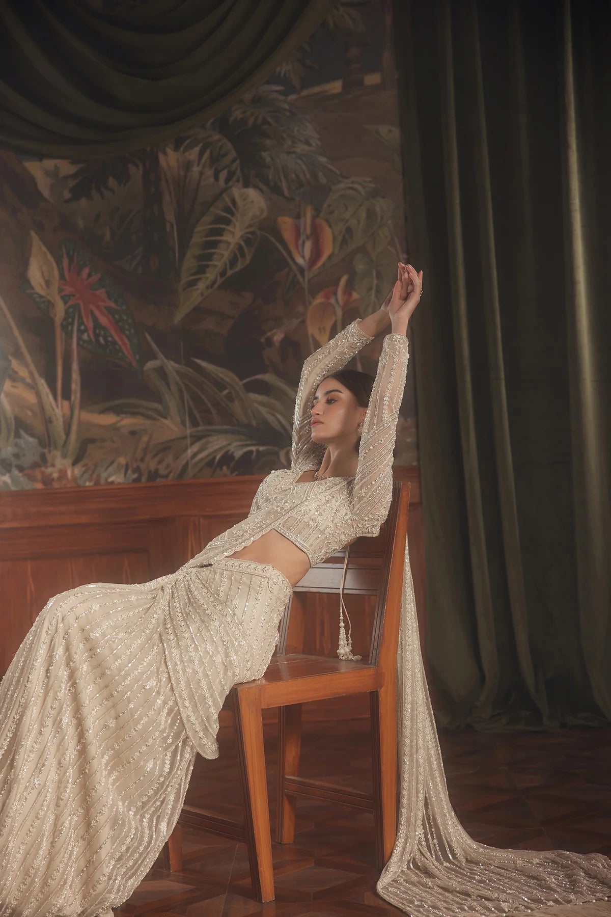 Ivory Sequined Net Saree (2-Piece) - Image 4