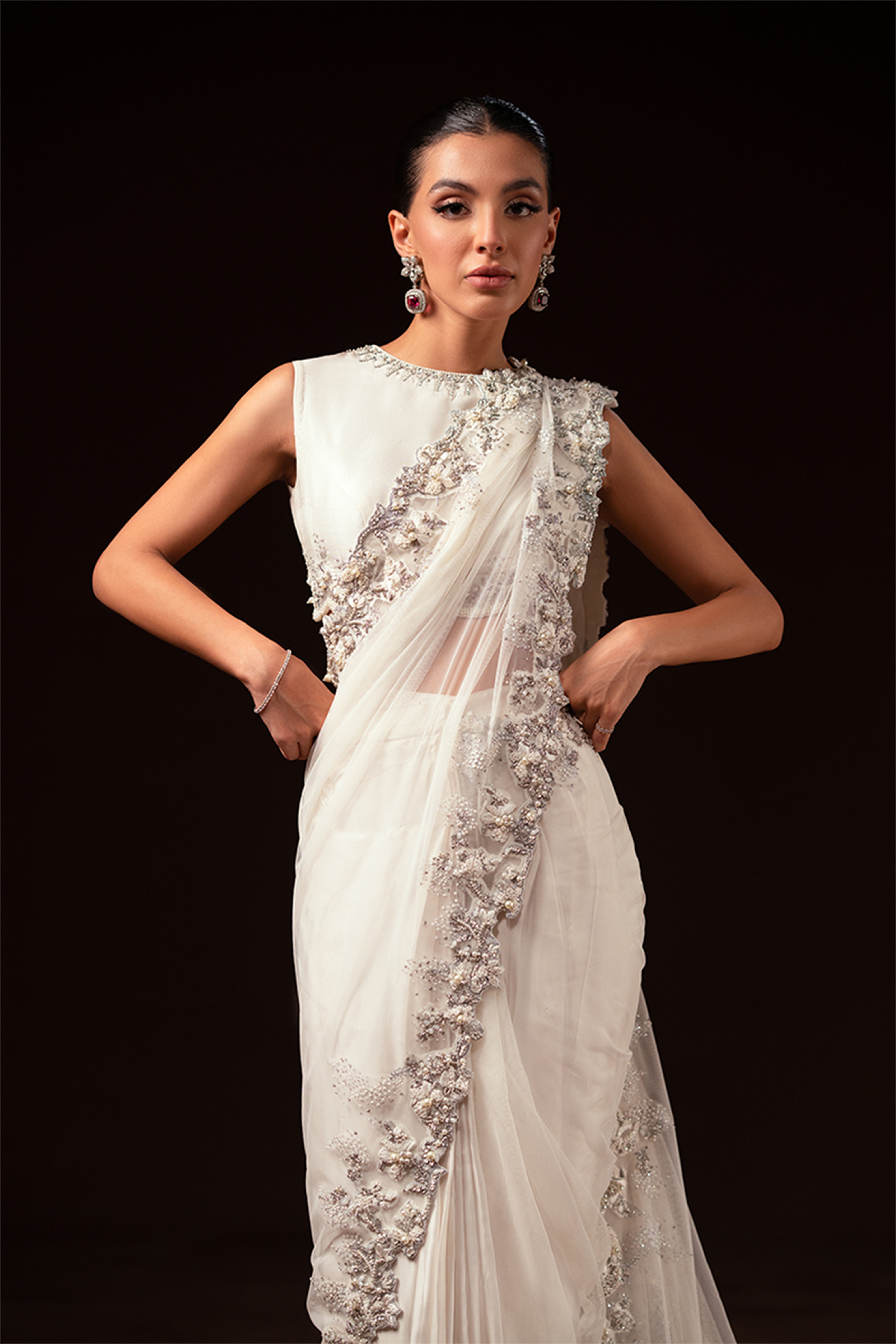 Pakistani Ivory Hand-Embellished Net & Charmeuse Silk Saree (3-Piece) - Image 2