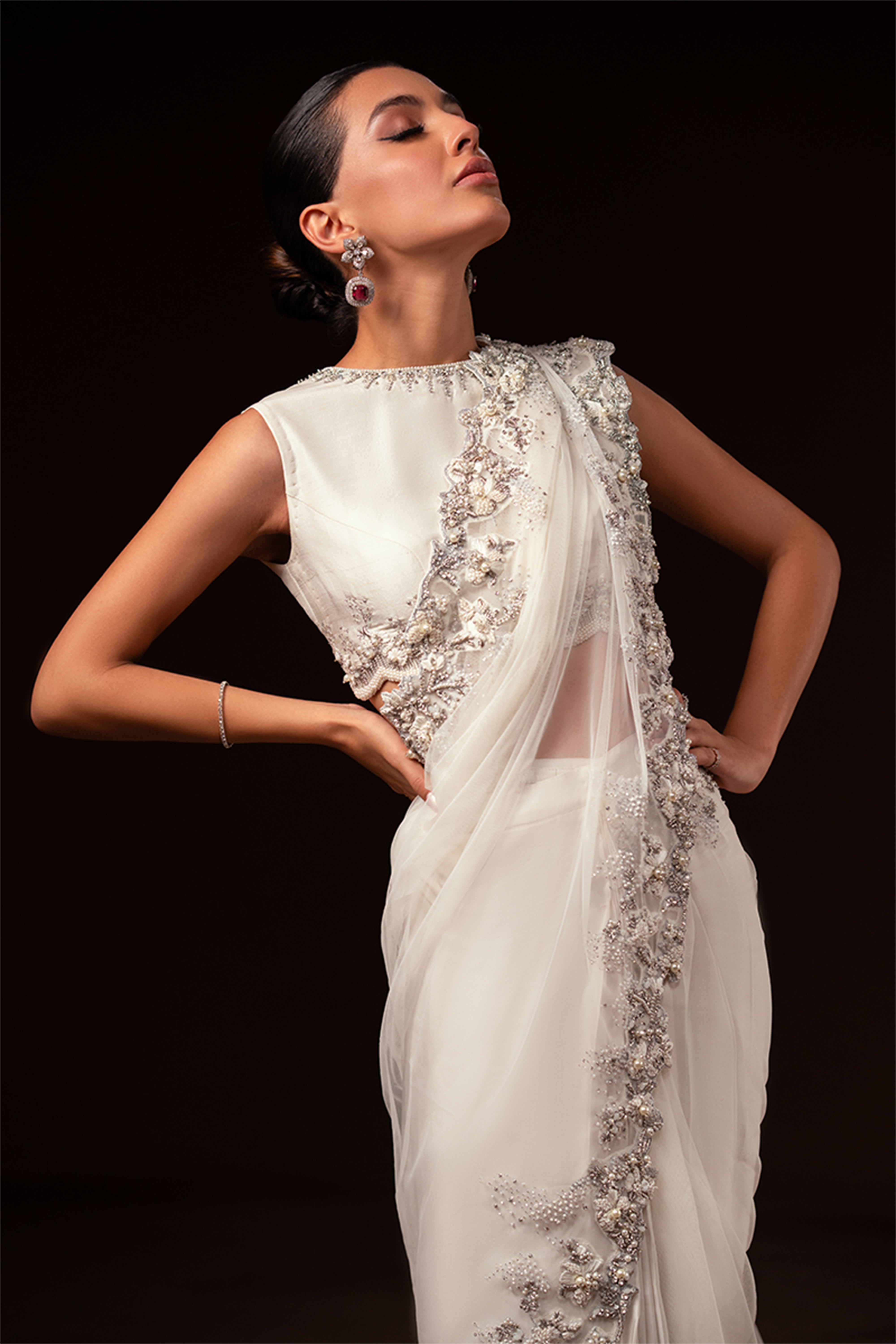 Pakistani Ivory Hand-Embellished Net & Charmeuse Silk Saree (3-Piece) - Image 3