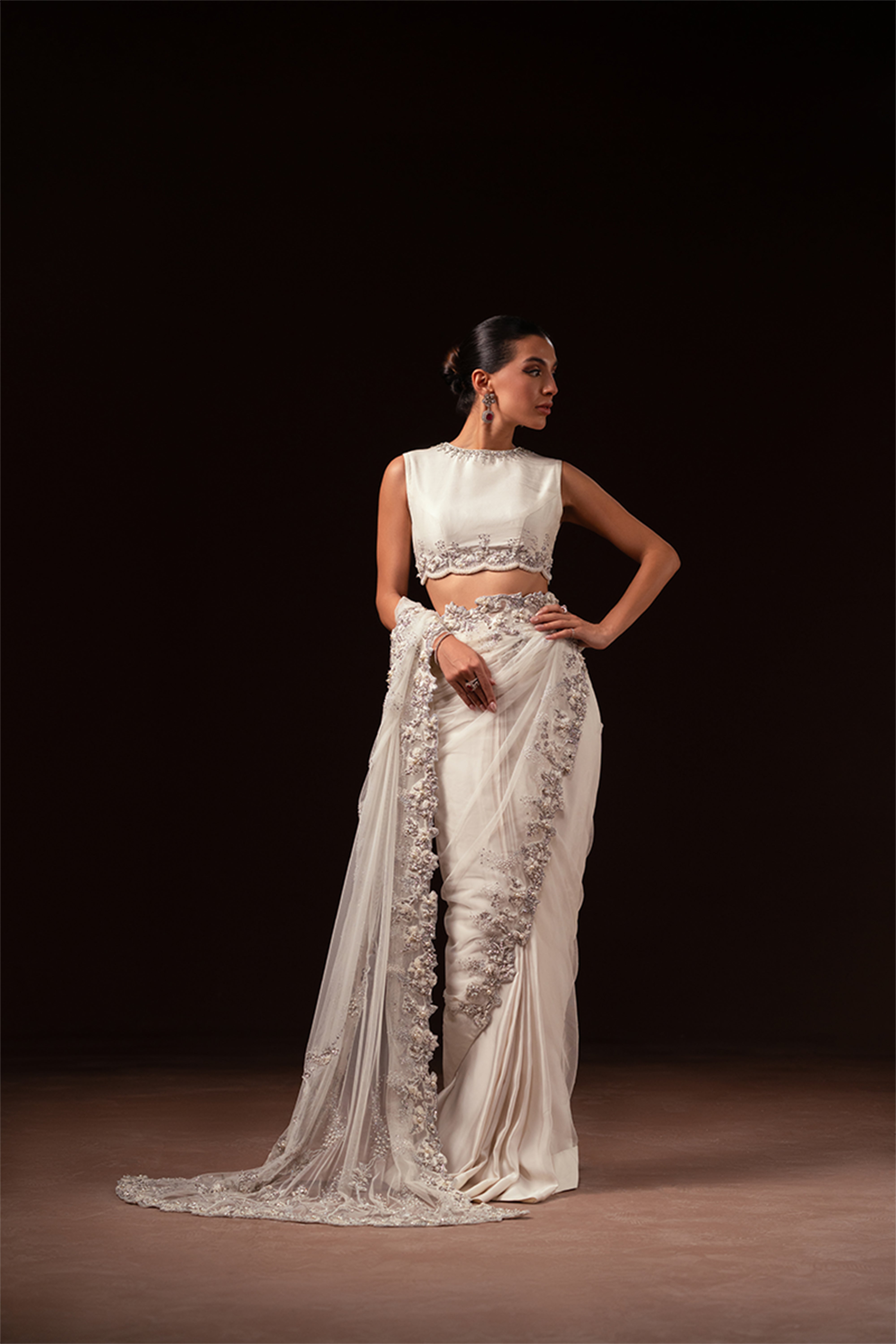 Pakistani Ivory Hand-Embellished Net & Charmeuse Silk Saree (3-Piece) - Image 4