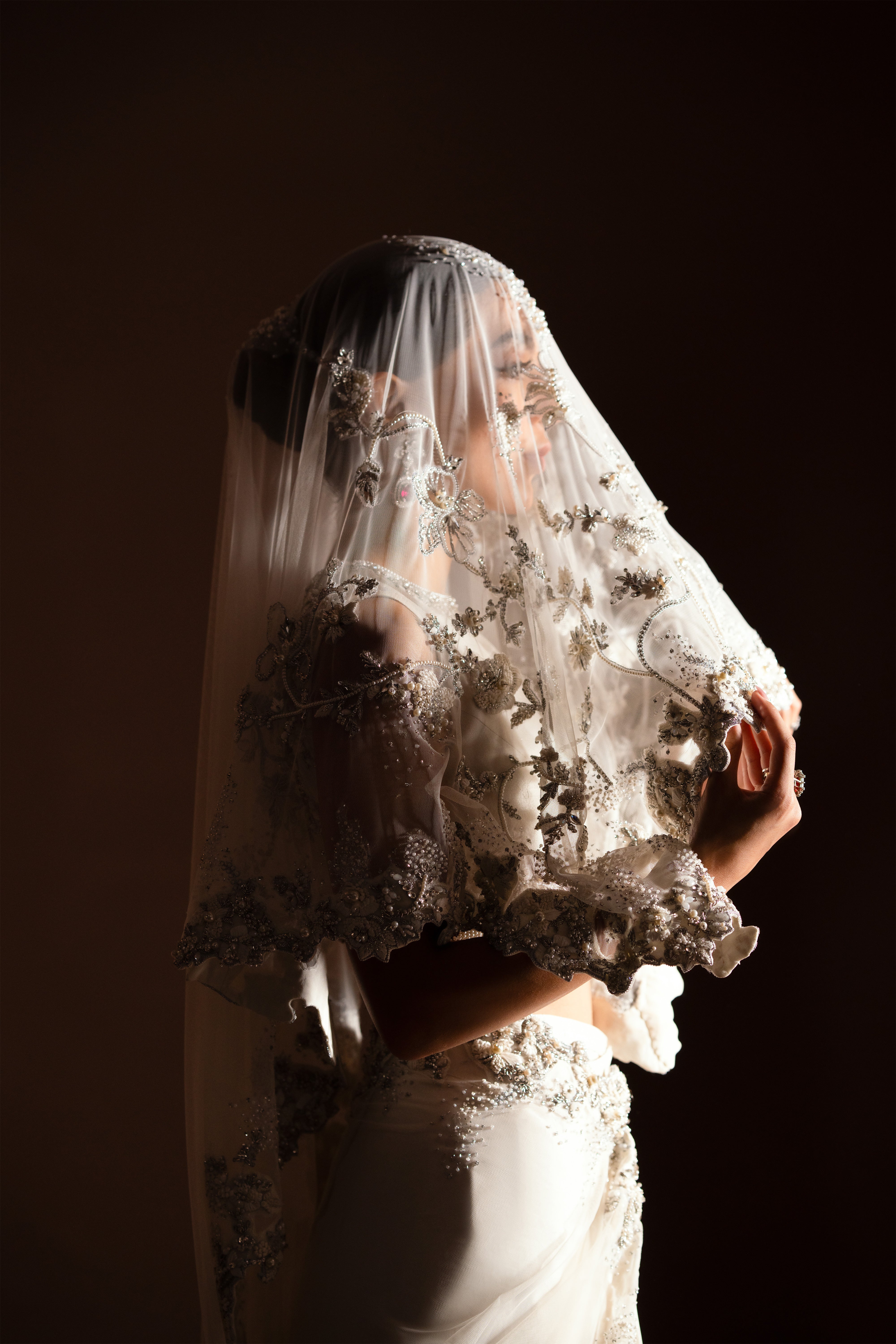 Pakistani Ivory Hand-Embellished Net & Charmeuse Silk Saree (3-Piece) - Image 7