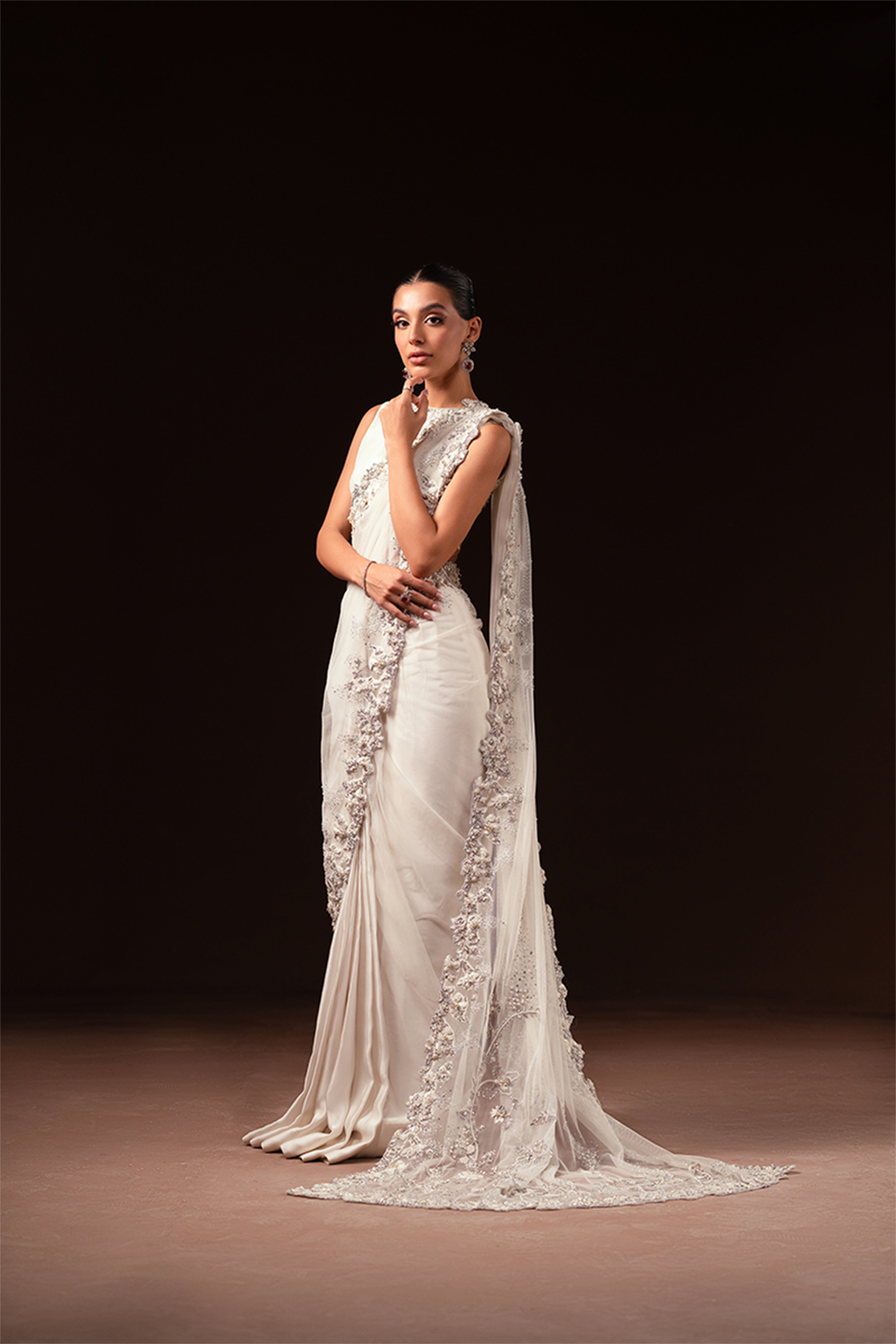 Pakistani Ivory Hand-Embellished Net & Charmeuse Silk Saree (3-Piece) - Image 8