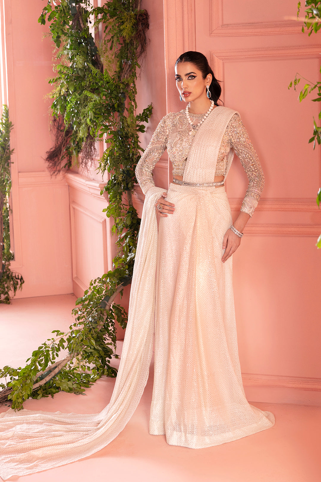 Pakistani Ivory Embroidered Net Saree (2-Piece) - Image 1