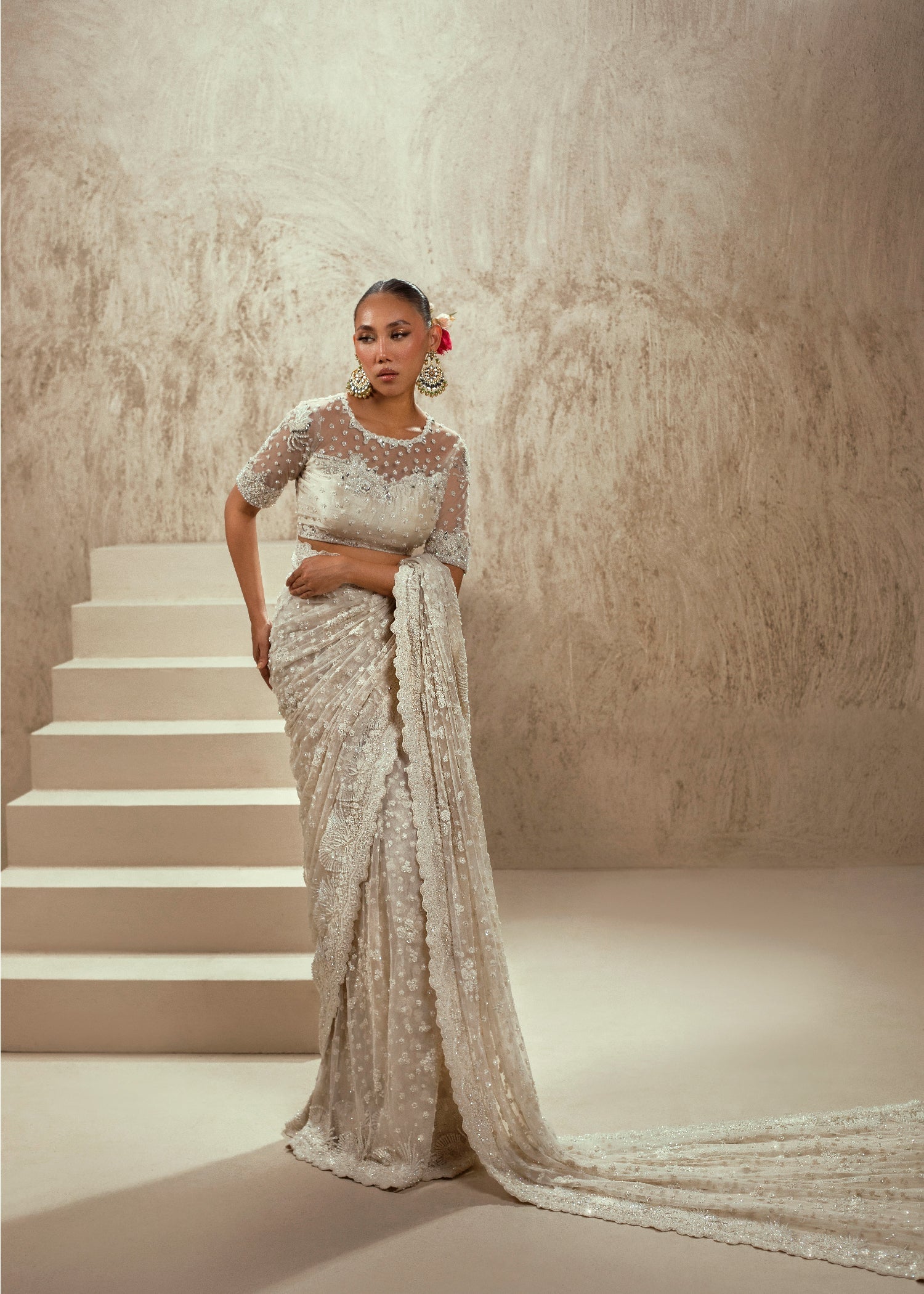 Ivory Hand-Embellished Net Bridal Saree (2-Piece) - Image 1