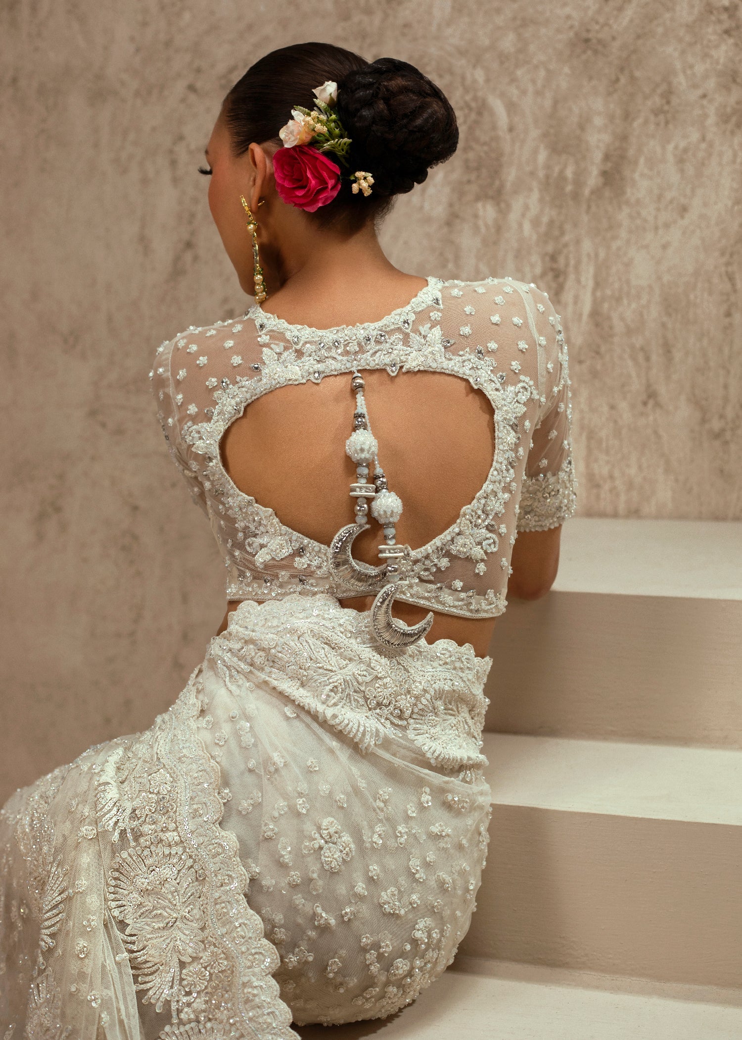 Ivory Hand-Embellished Net Bridal Saree (2-Piece) - Image 3