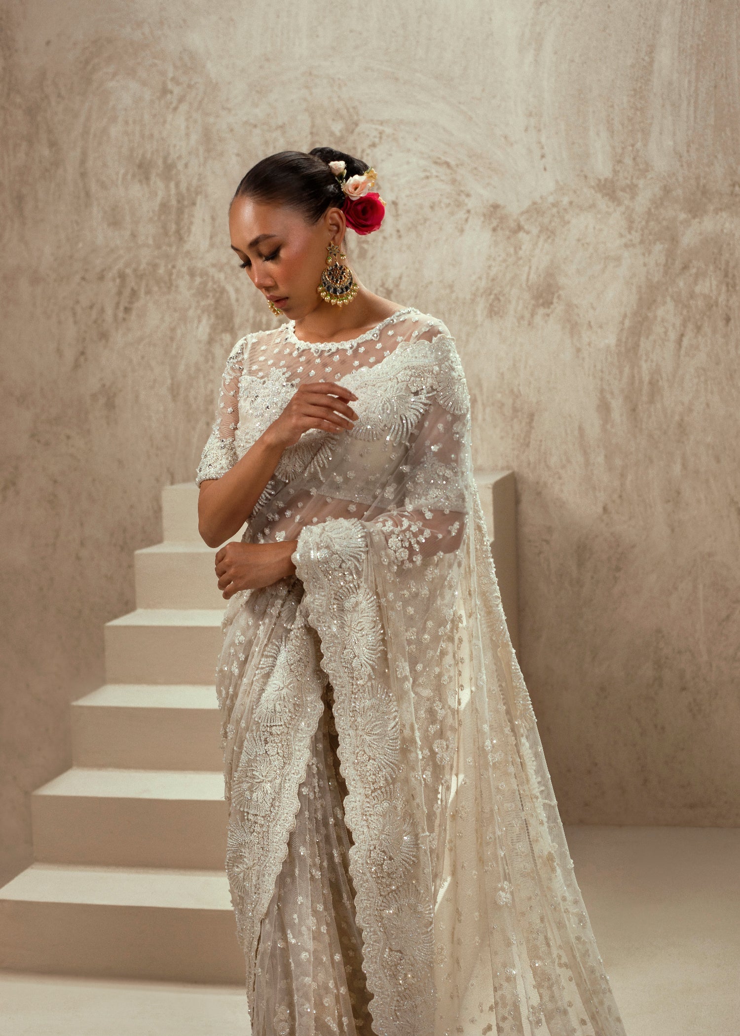 Ivory Hand-Embellished Net Bridal Saree (2-Piece) - Image 4