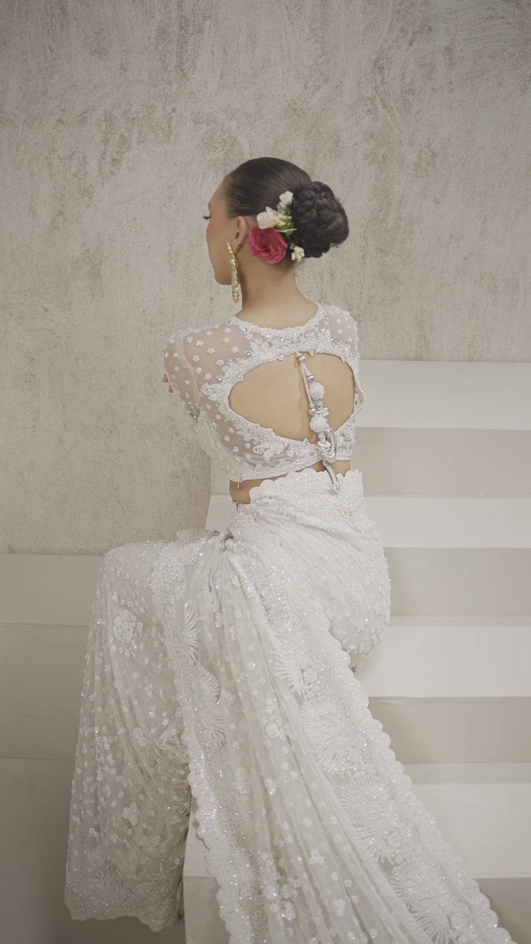 Ivory Hand-Embellished Net Bridal Saree (2-Piece) - Image 6