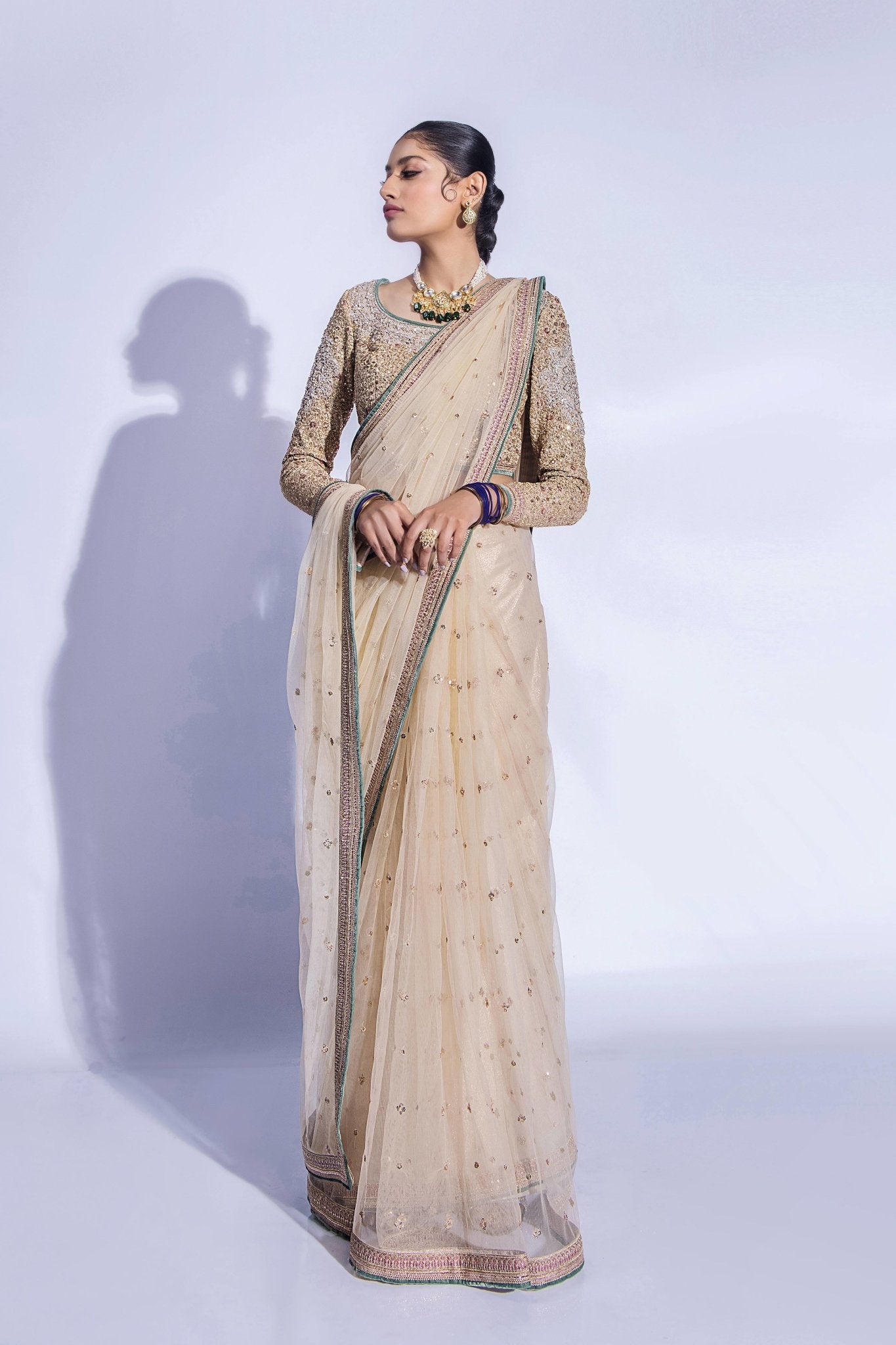 Pakistani Pastel Zardozi Net Saree with Crystal Blouse (3-Piece) - Image 10
