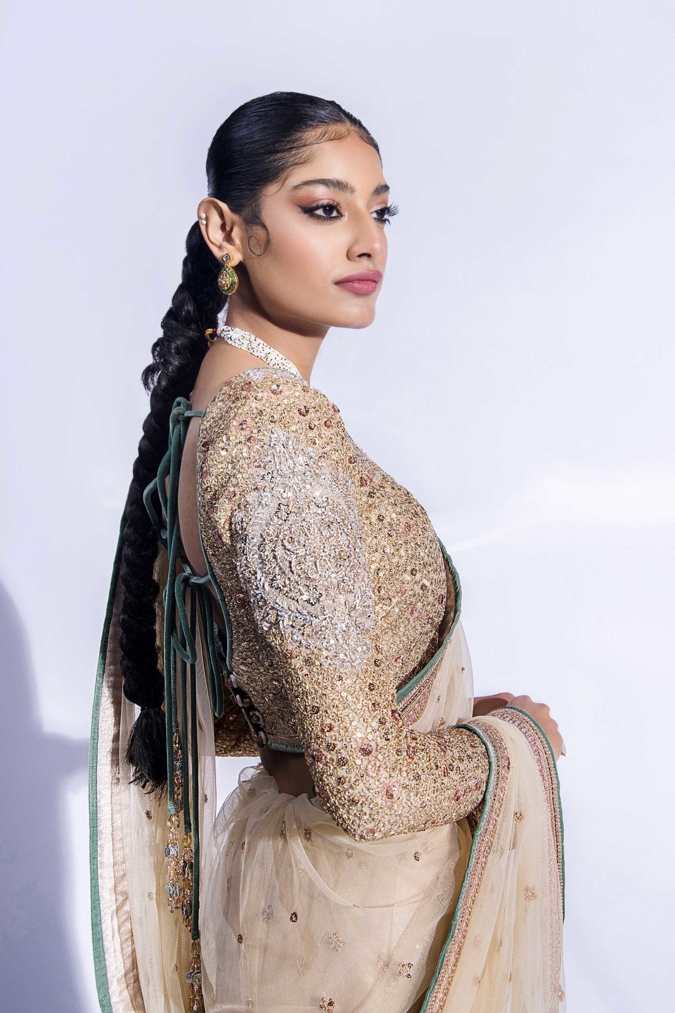 Pakistani Pastel Zardozi Net Saree with Crystal Blouse (3-Piece) - Image 6