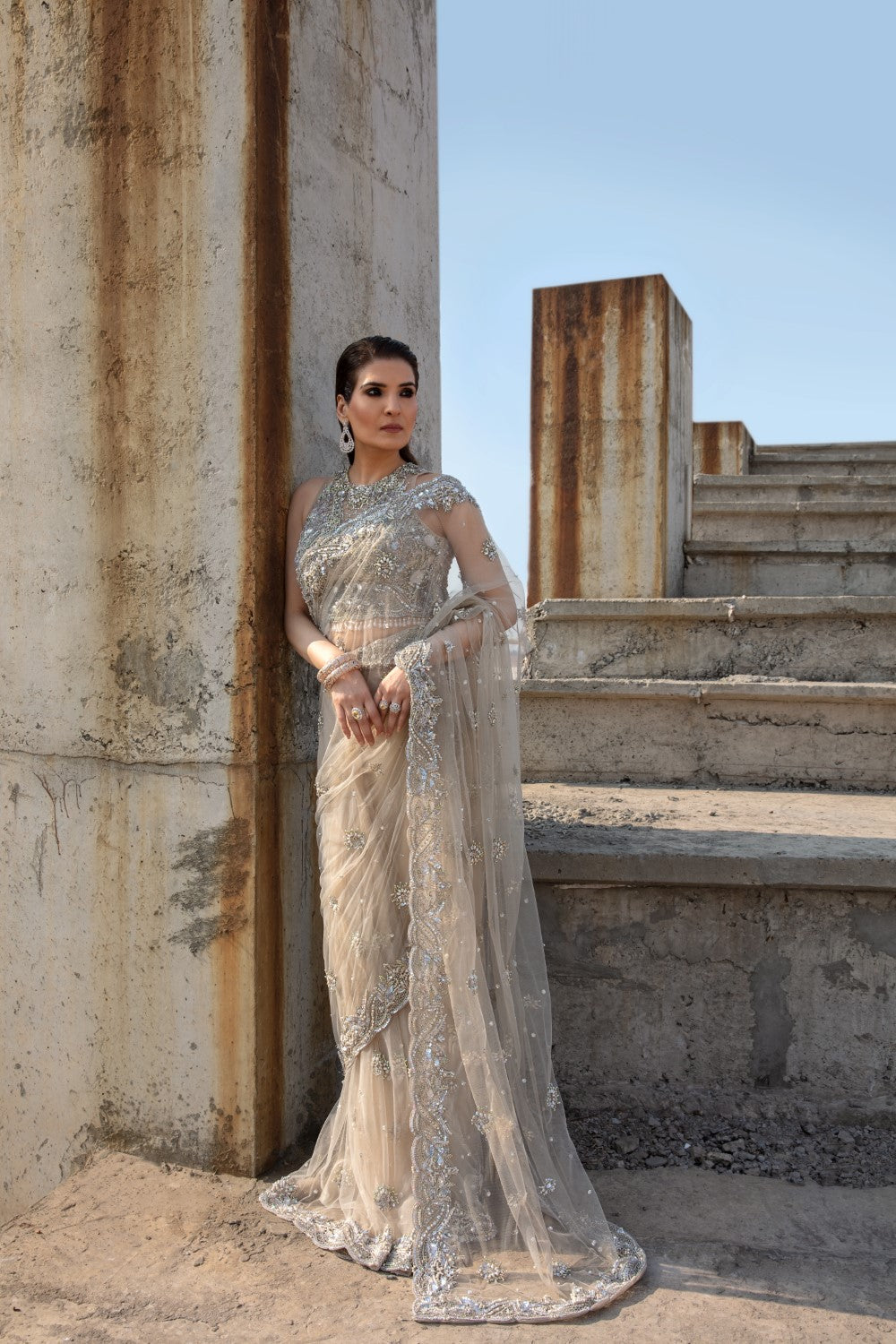 Indian Ivory Embroidered Net Saree with Silver Zari (2-Piece) - Image 1