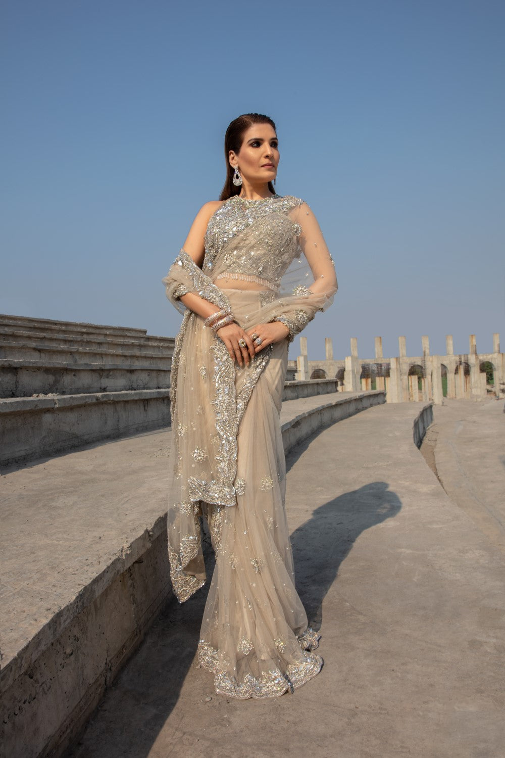 Indian Ivory Embroidered Net Saree with Silver Zari (2-Piece) - Image 10