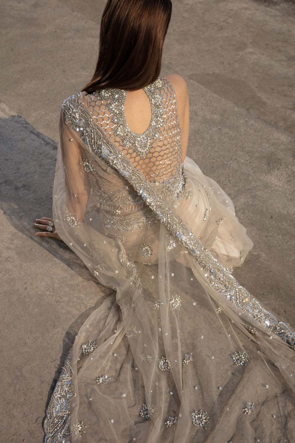 Indian Ivory Embroidered Net Saree with Silver Zari (2-Piece) - Image 11