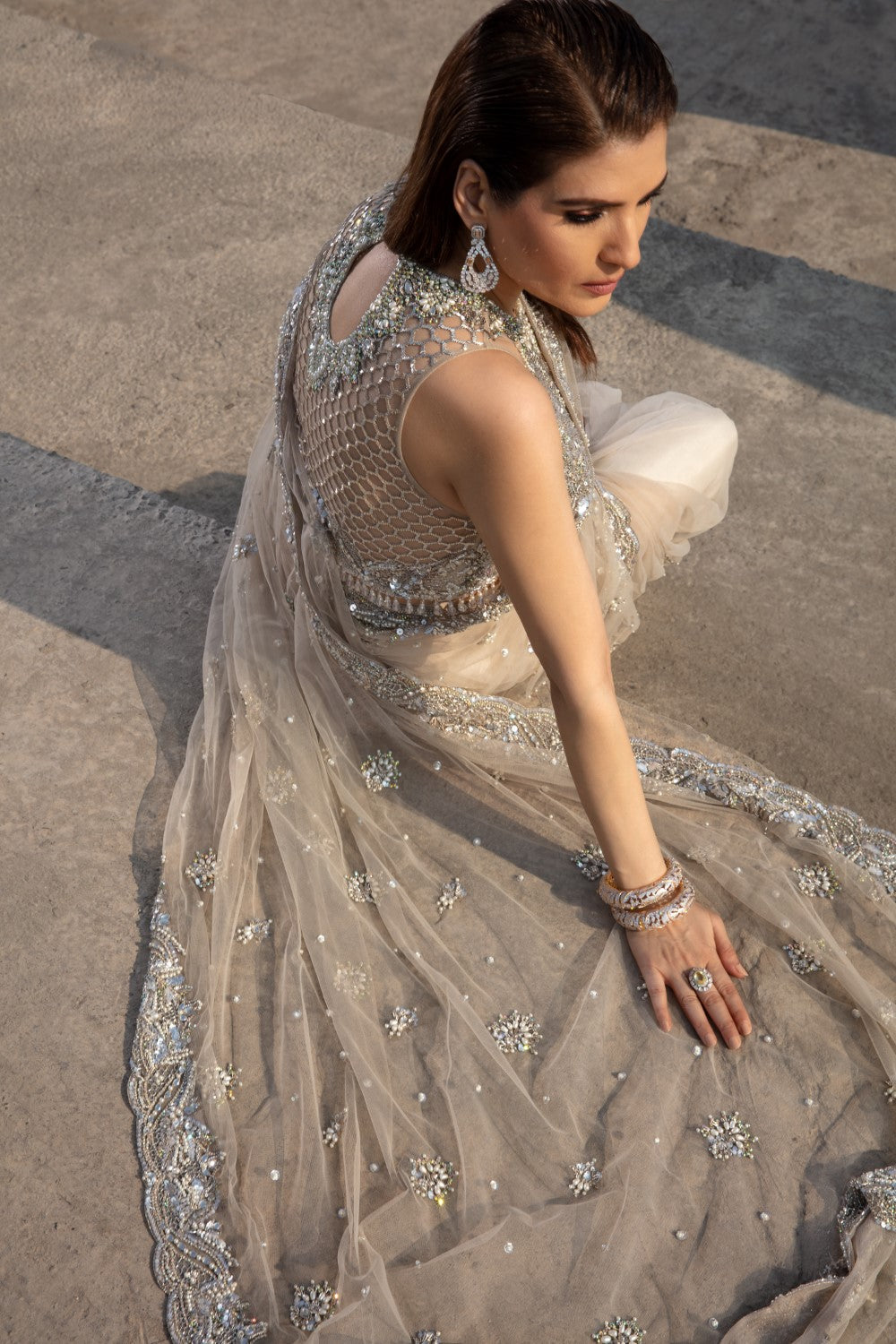 Indian Ivory Embroidered Net Saree with Silver Zari (2-Piece) - Image 12