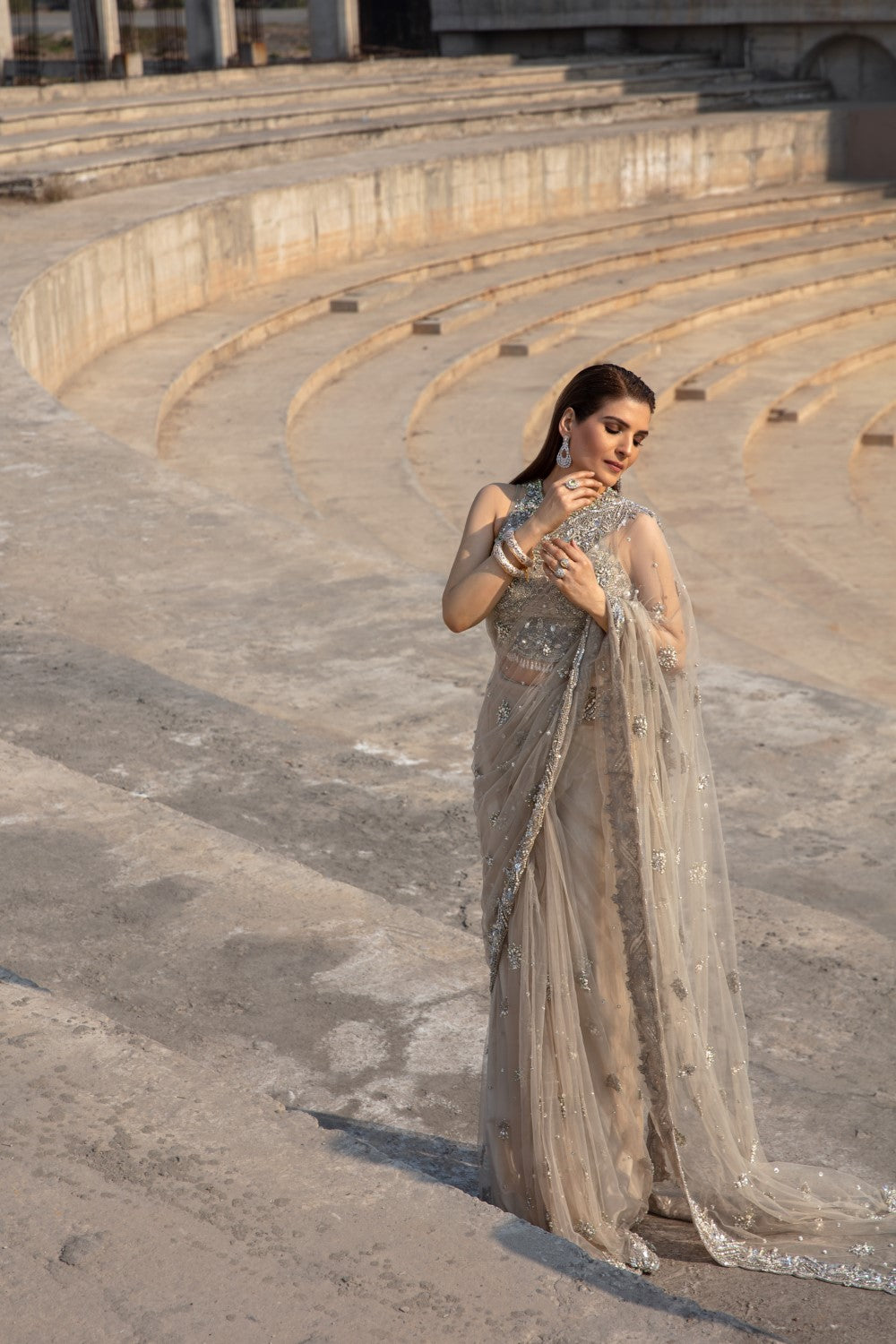 Indian Ivory Embroidered Net Saree with Silver Zari (2-Piece) - Image 13