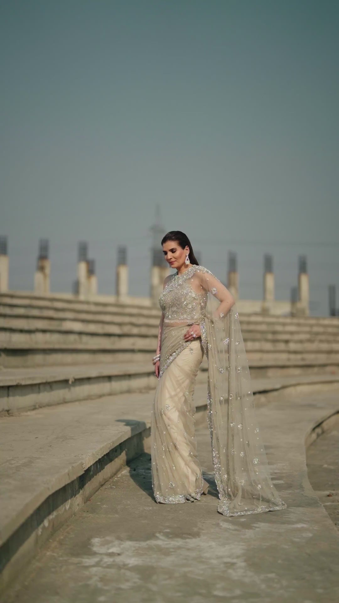 Indian Ivory Embroidered Net Saree with Silver Zari (2-Piece) - Image 14
