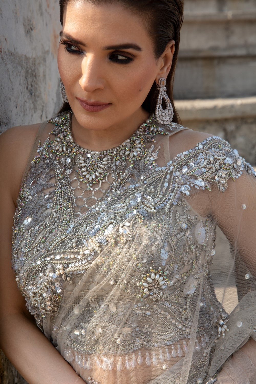 Indian Ivory Embroidered Net Saree with Silver Zari (2-Piece) - Image 2