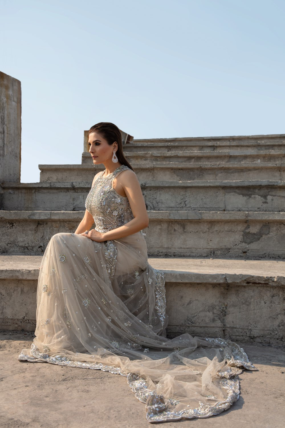 Indian Ivory Embroidered Net Saree with Silver Zari (2-Piece) - Image 3