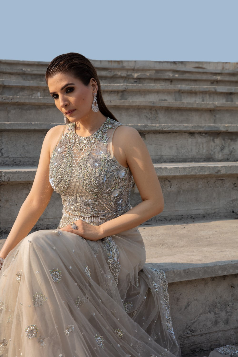 Indian Ivory Embroidered Net Saree with Silver Zari (2-Piece) - Image 4