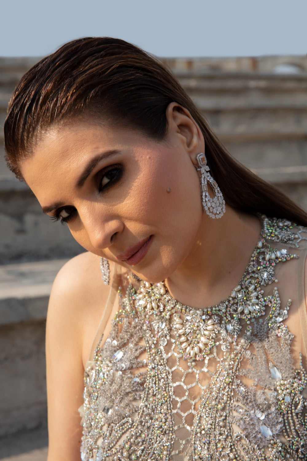 Indian Ivory Embroidered Net Saree with Silver Zari (2-Piece) - Image 7