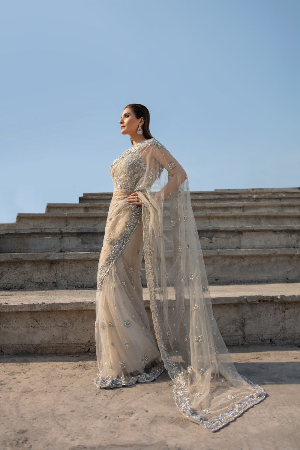 Indian Ivory Embroidered Net Saree with Silver Zari (2-Piece) - Image 8