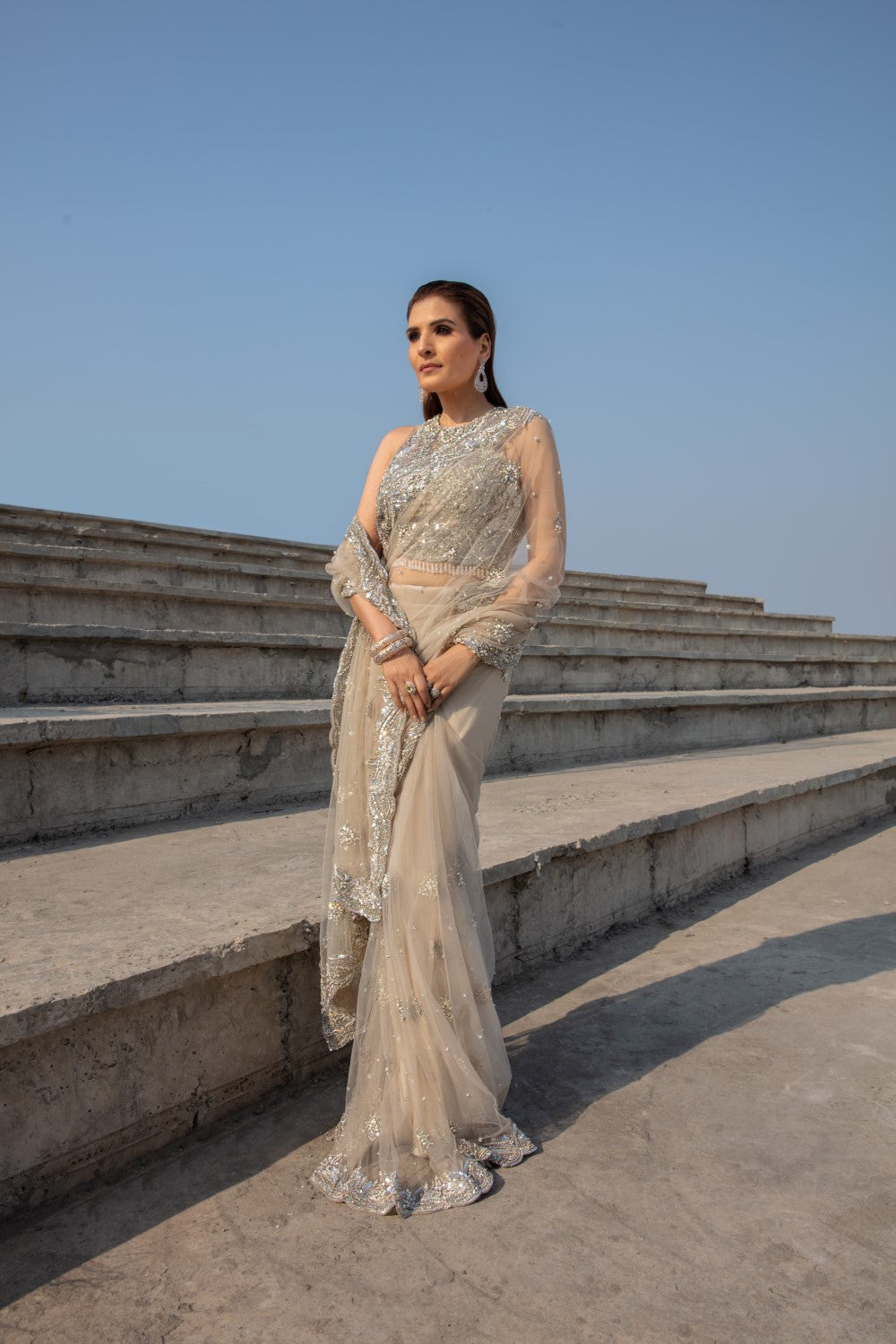 Indian Ivory Embroidered Net Saree with Silver Zari (2-Piece) - Image 9